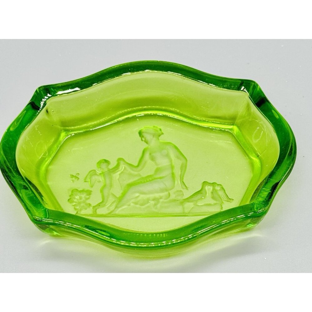 Heinrich Hoffman Woman Birds Cupid Green Salt Cellar Czech Mark 4x3 inch